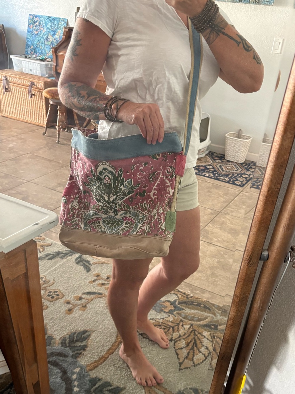 Lucky Brand Pink and Green XL Canvas Leather Shoulder Bag with Tan Suede Trim - Picture 15 of 16